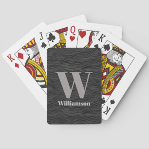 Grey Monogram Name on Modern Black Wave Pattern Playing Cards
