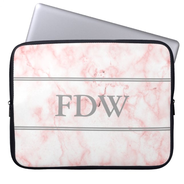 Grey Monogram on Faux Pink Marble Laptop Sleeve (Front)