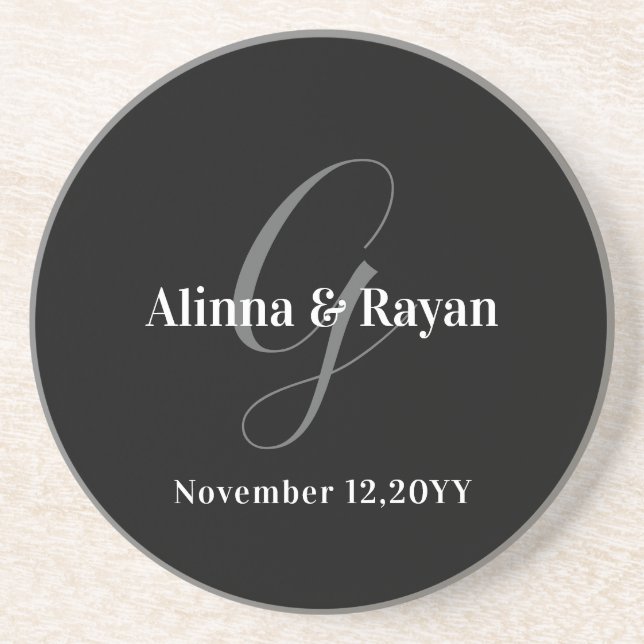 Grey Monogram Personalized Wedding Couple Design Coaster (Front)