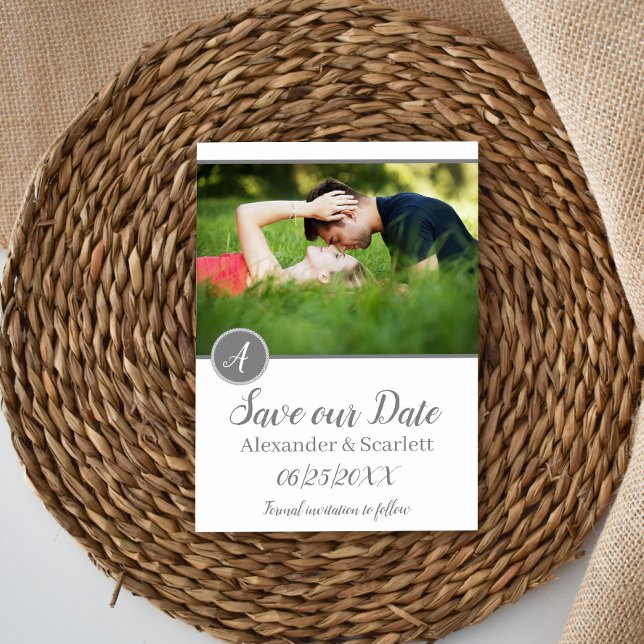 Grey Monogram Photo Save The Date Announcement (Gray Monogram Photo Save the Date Announcement)