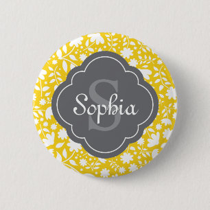 Grey Monogram Quatrefoil Yellow Floral Pattern 2 Inch Round Button