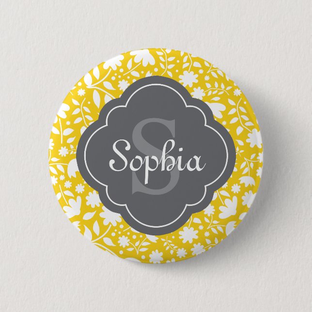 Grey Monogram Quatrefoil Yellow Floral Pattern 2 Inch Round Button (Front)