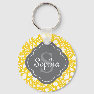 Grey Monogram Quatrefoil Yellow Floral Pattern Keychain
