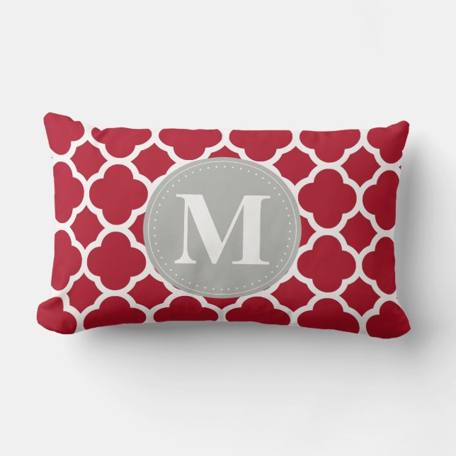 Grey Monogram Red Quatrefoil Pattern Lumbar Pillow (Front)