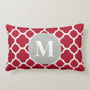 Grey Monogram Red Quatrefoil Pattern Lumbar Pillow