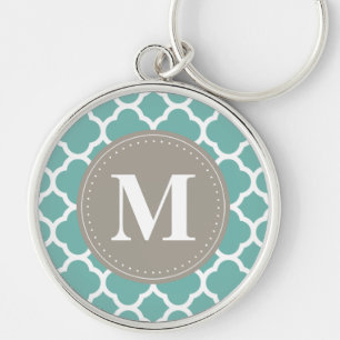 Grey Monogram Turquoise Quatrefoil Pattern Keychain