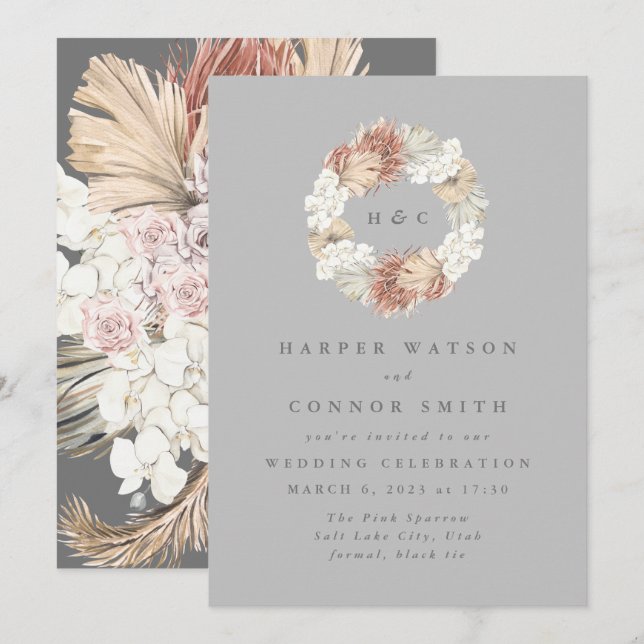 Grey Monogram Ultimate Wreath Pampas Grass Invitation (Front/Back)
