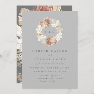 Grey Monogram Ultimate Wreath Pampas Grass Invitation