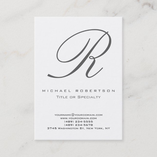 Grey Monogram White Chubby Business Card (Front)