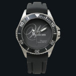 Grey Monogram White Name Classic Rugged Groomsman Watch<br><div class="desc">Honour your Groomsman with this rugged stainless steel watch featuring a bold black dial and dark grey face. The design showcases an elegant light grey monogram alongside "Groomsman" and the wedding date in a masculine font, accented by a crisp white first name for a high-impact, personalized look. Quickly and Easily...</div>