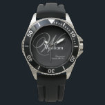 Grey Monogram White Name Classic Rugged Groomsman Watch<br><div class="desc">Honour your Groomsman with this rugged stainless steel watch featuring a bold black dial and dark grey face. The design showcases an elegant light grey monogram alongside "Groomsman" and the wedding date in a masculine font, accented by a crisp white first name for a high-impact, personalized look. Quickly and Easily...</div>