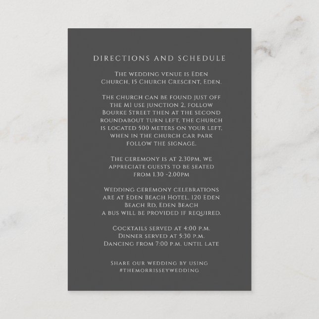 Grey monogram wreath wedding directions schedule enclosure card (Back)
