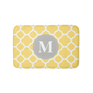 Grey Monogram Yellow Quatrefoil Pattern Bath Mat