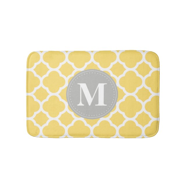 Grey Monogram Yellow Quatrefoil Pattern Bath Mat (Front)