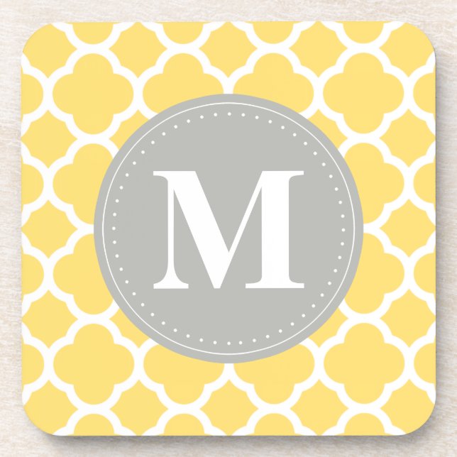 Grey Monogram Yellow Quatrefoil Pattern Coaster (Front)