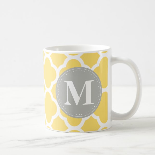 Grey Monogram Yellow Quatrefoil Pattern Coffee Mug (Right)