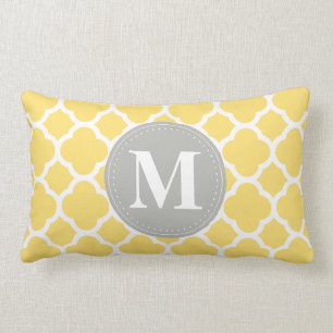 Grey Monogram Yellow Quatrefoil Pattern Lumbar Pillow