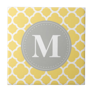 Grey Monogram Yellow Quatrefoil Pattern Tile