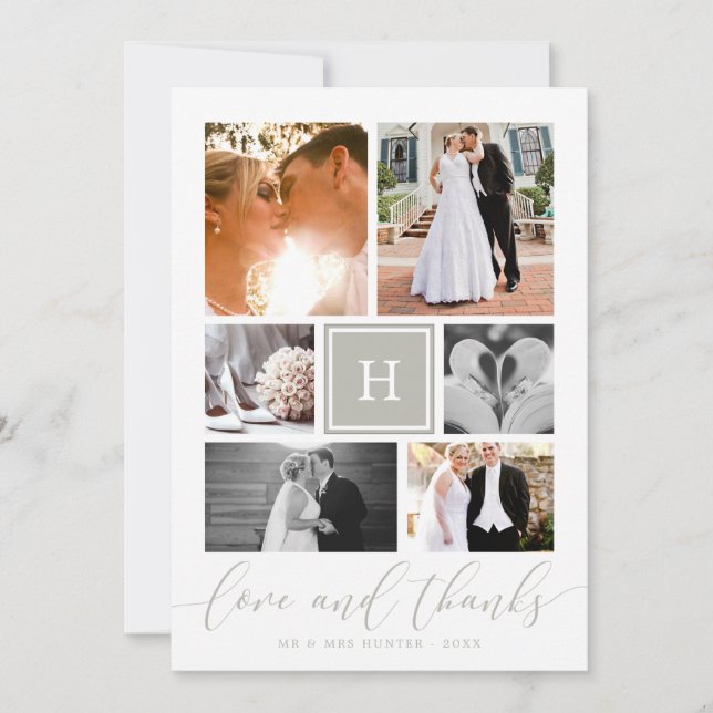 Grey Monogrammed Wedding Photo Collage Thank You Card (Front)