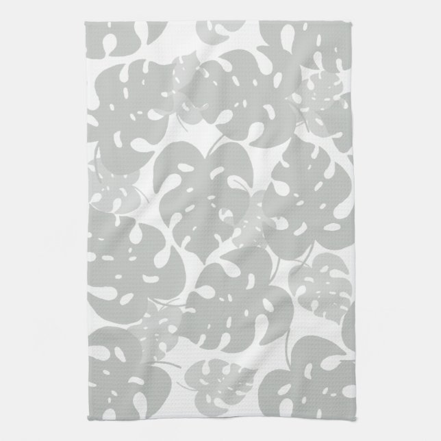 Grey monstera leaf pattern kitchen towel (Vertical)