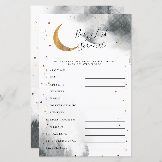 Grey Moon Baby Shower Word Scramble Game (Front/Back)