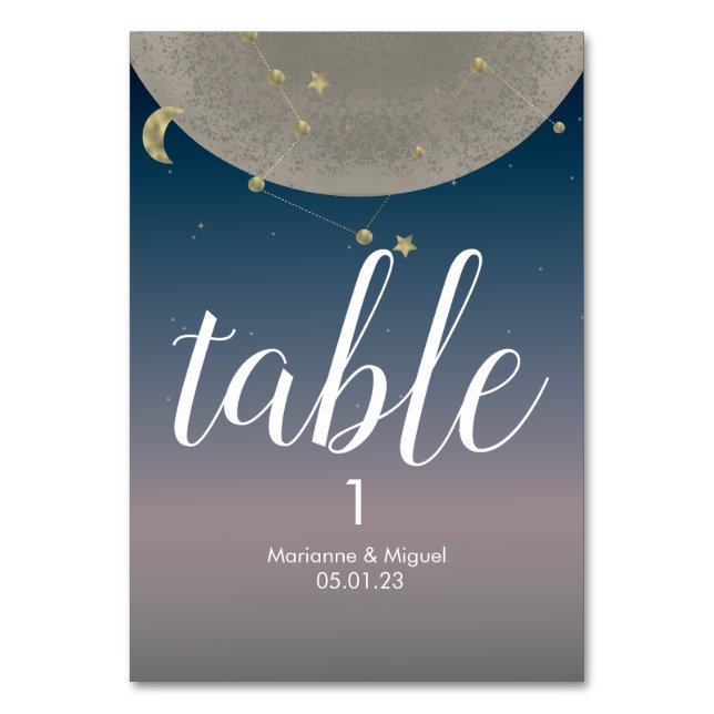 Grey Moon Constellation Ombre Sky Wedding Table Number (Front)