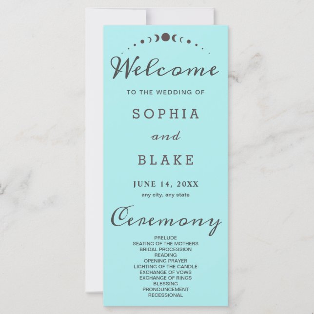 Grey Moon Phases Pale Blue Wedding Program (Front)