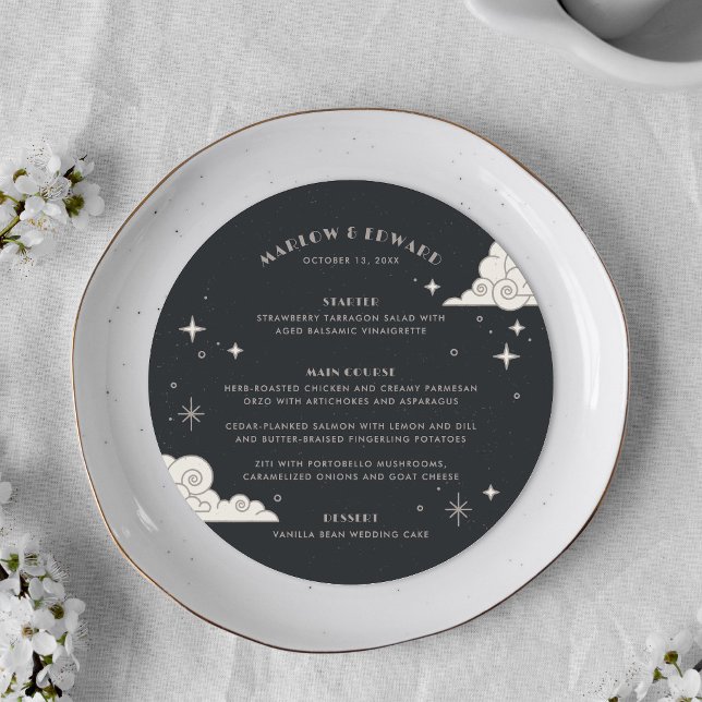 Grey Moon & Stars Celestial Wedding Menu Card (Creator Uploaded)