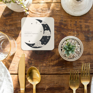 Grey Moon & Stars Celestial Wedding Reception Square Paper Coaster