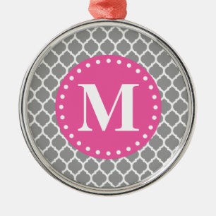 Grey Moroccan Lattice Pink Monogram Metal Ornament