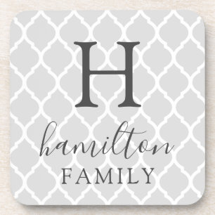 Grey Moroccan Pattern Family Monogram Coaster