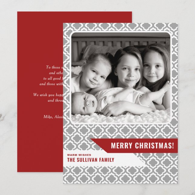 Grey Moroccan Pattern Modern Merry Christmas Photo Holiday Card (Front/Back)