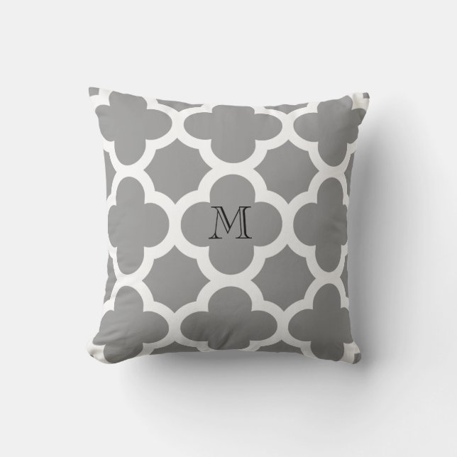 Grey Moroccan quatrefoil pattern monogram Throw Pillow (Front)