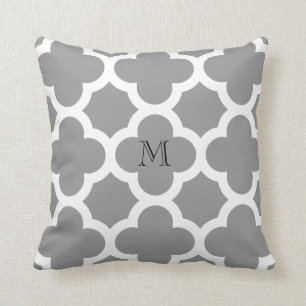 Grey Moroccan quatrefoil pattern monogram Throw Pillow