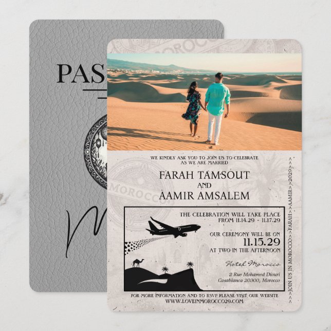Grey Morocco Passport Wedding Invitation (Front/Back)
