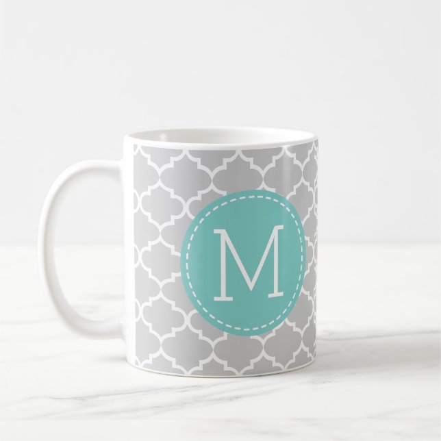 Grey Morocco Quatrefoil Pattern w/ monogram Coffee Mug (Left)