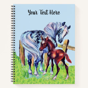 Grey Mother Horse With Brown Baby Colt Grass Fence Notebook