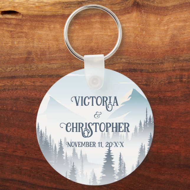 Grey Mountain Fog Forest Wilderness Wedding Keychain (Front)