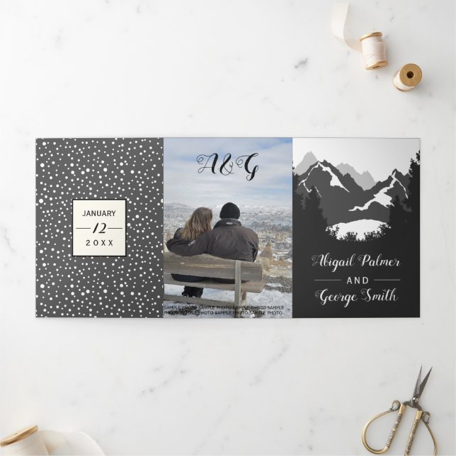 Grey mountains and trees photo winter wedding Tri-Fold invitation (Outside)