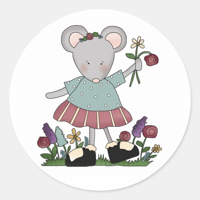 Grey Mouse in Flower Garden Classic Round Sticker (Front)