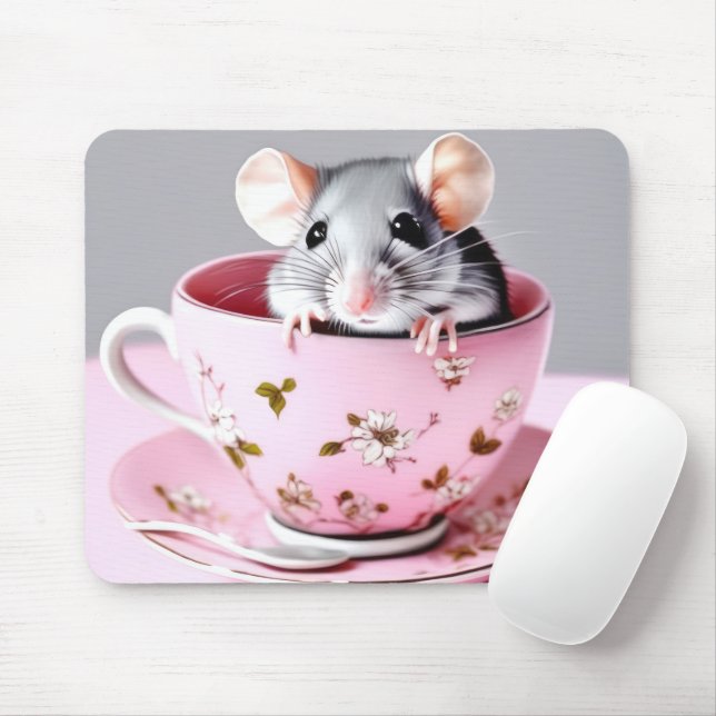 Grey Mouse In Teacup Mouse Pad (With Mouse)