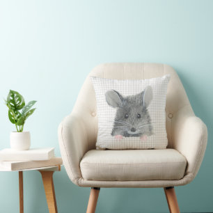 Grey Mouse on Gingham Throw Pillow