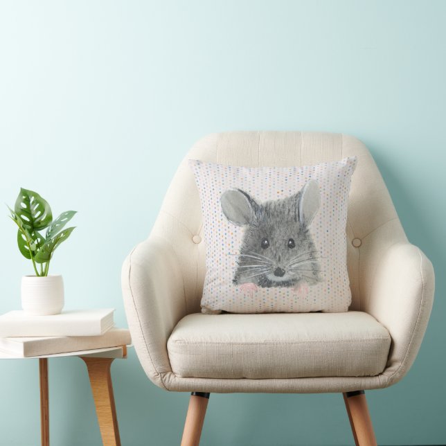 Grey Mouse on Pastel Dots Throw Pillow (Chair)