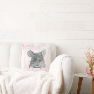 Grey Mouse on Pink Gingham Throw Pillow