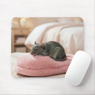 Grey Mouse Sleeping on a Pink Slipper Pad