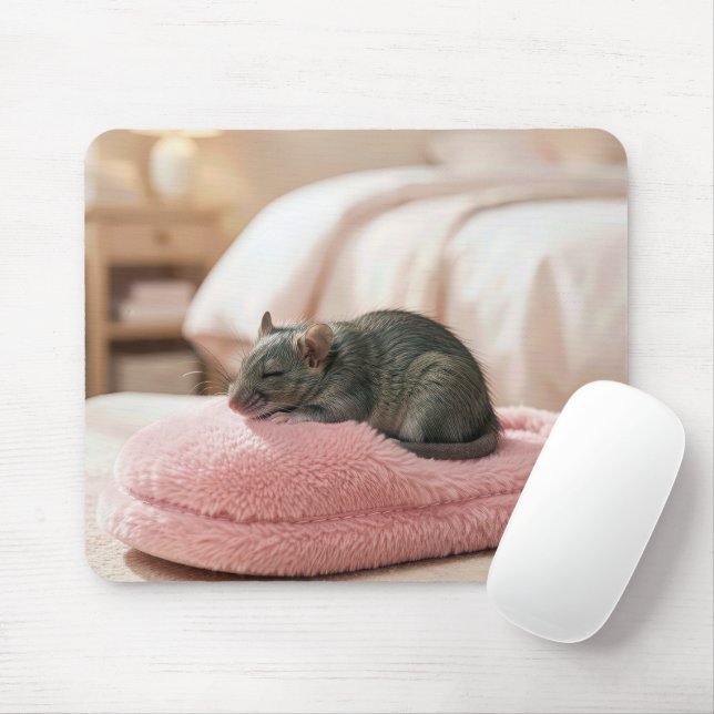 Grey Mouse Sleeping on a Pink Slipper Pad (With Mouse)