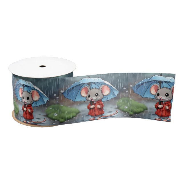 Grey Mouse Under Umbrella Satin Ribbon (Spool)