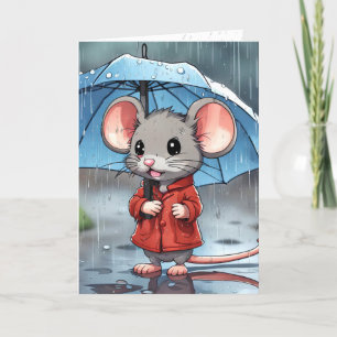 Grey Mouse With Umbrella In Rain Card