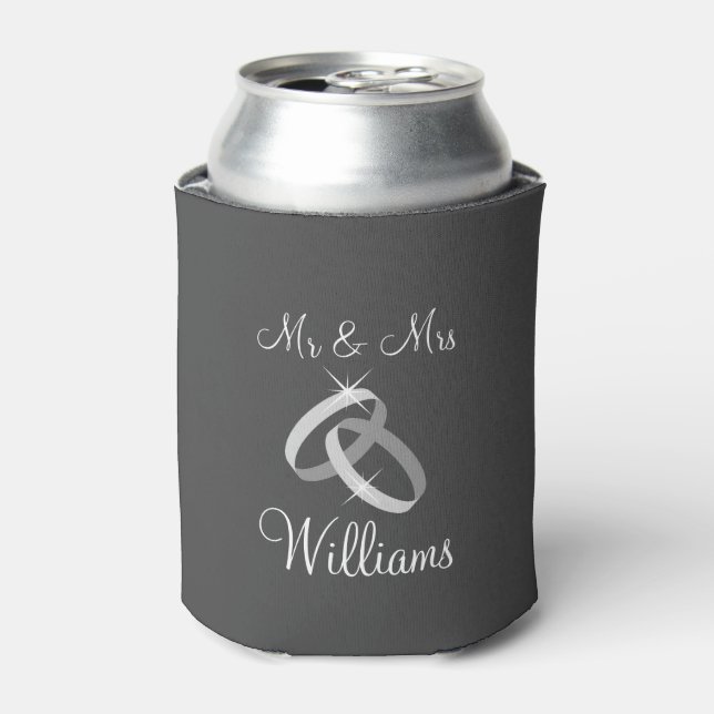 Grey Mr and Mrs can coolers with wedding rings (Can Front)