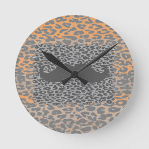Grey Mustache and Leopard Print Round Clock